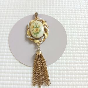 Vintage Enamel Faux Pearl Flower Dangle Pendant,3 7/8, mint